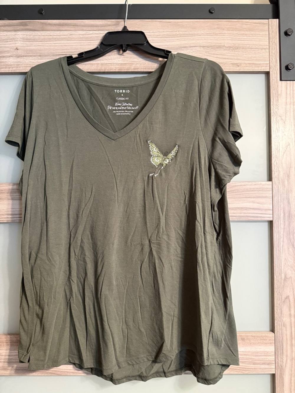 torrid Olive Green V-Neck Tee with Butterfly Accent